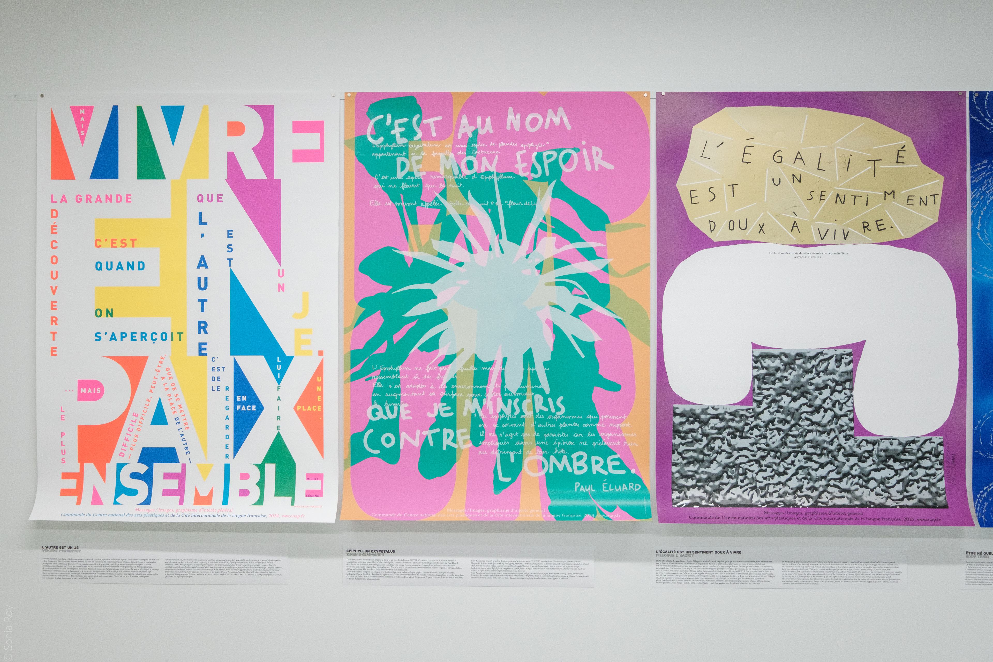 Des affiches sont exposées durant le colloque sur le design social à l'ÉdAC en octobre 2025.