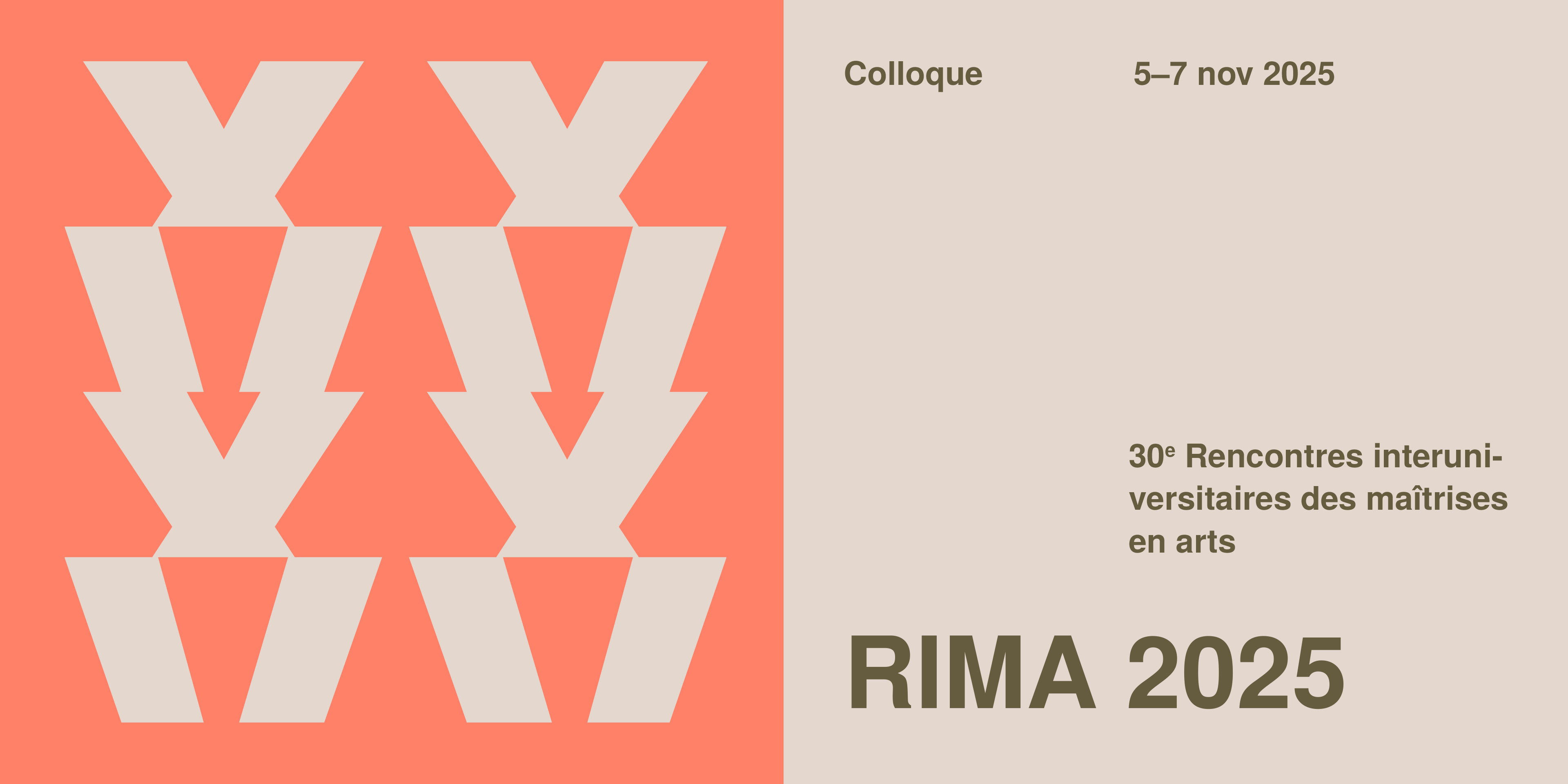Bannière pour le colloque des RIMA 2025 en novembre 2025, réalisée à partir de l'identité visuelle de l'ÉdAC développée par Bureau60a.